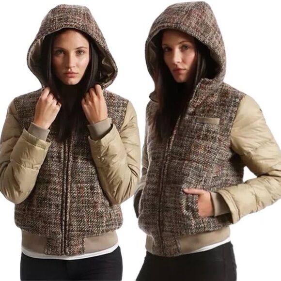 NWT Members Only Wool Blend Hooded Tweed Bomber Puff Jacket M - Picture 12 of 12